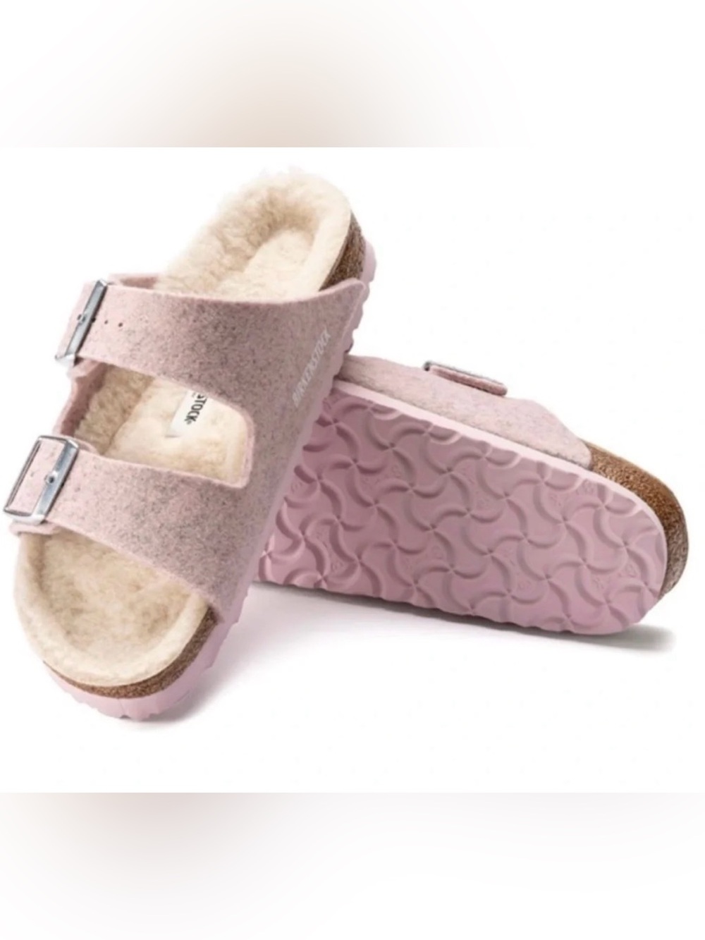 Birkenstock Pink Shearling Two-Strap Sandals